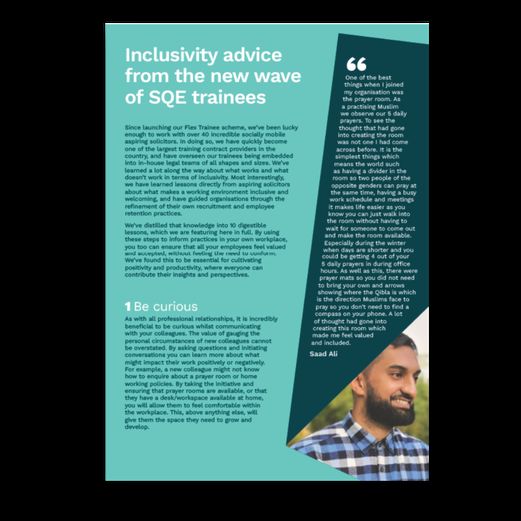 A page of Flex Legal's Inclusivity Report is seen. The headline of the page reads "Inclusivity Advice from the new wave of SQE trainees"./