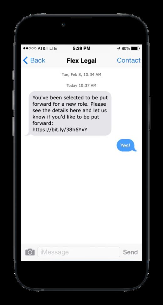 An iPhone 13 is seen, showing an incoming role message from Flex Legal