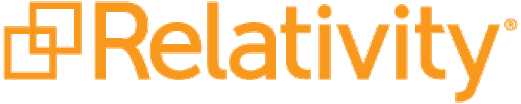 The logo for Relativity is seen in an orangey-yellow hue