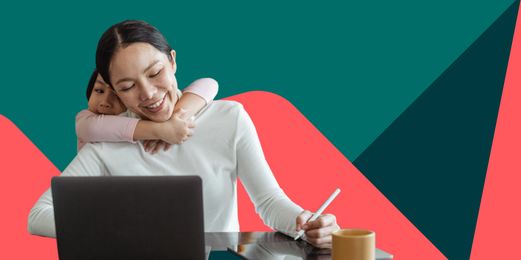 A smiling woman works at her desk with a pen in hand. Her child hugs her from behind, as the Flex Legal branding envelopes them.