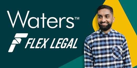Saad Ali, trainee solicitor, is seen smiling beside the Waters logo and Flex Legal logo.