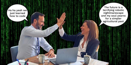Two lawyers high-five each other, having just learnt how to code and future-proof their legal careers