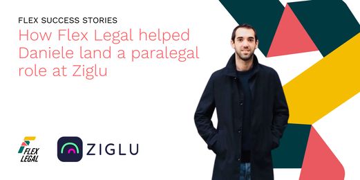 Daniele Ponceta, a paralegal with cryptocurrency platform Ziglu, stands before the Flex Legal logo