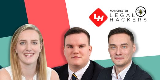 Jodie Tilsley, Will Lloyd, and Robert Maliszewski stand in a line, ready to inform you about the inherent nature of legal hackathons and how you can get involved in them.