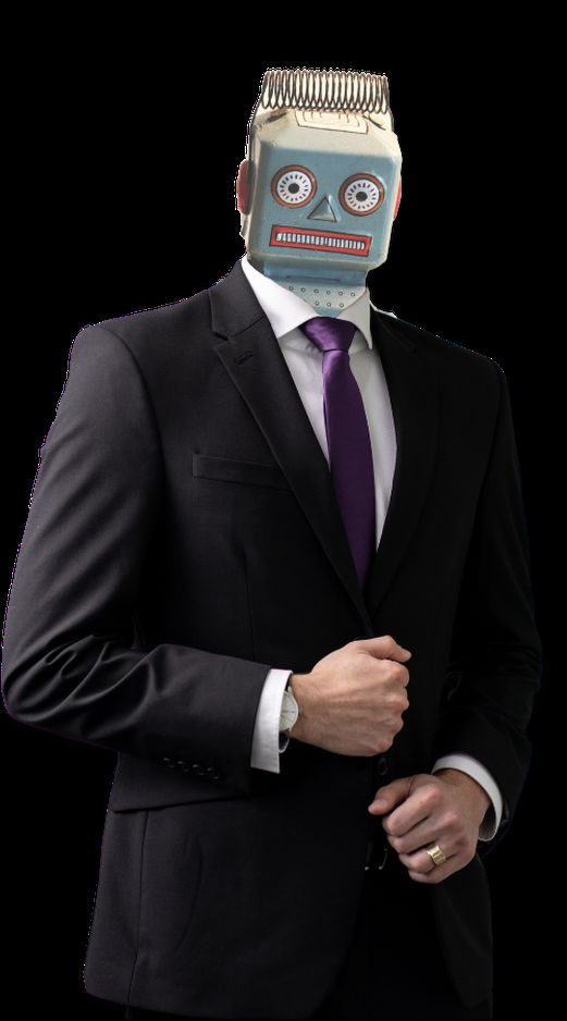 A suited robot lawyer is seen. He adjusts his smart business jacket and gets ready to automate some contract management.