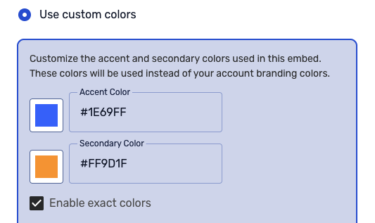 UI panel for customizing embed colors with options for accent color #1E69FF and secondary color #FF9D1F, plus a checkbox for exact colors.