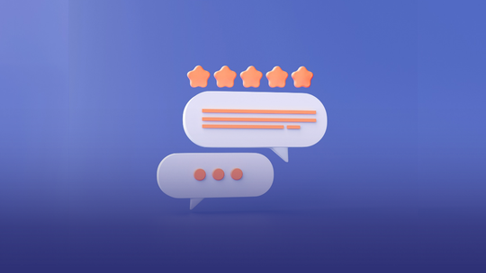Two chat bubbles with orange text and dots, topped by five orange star shapes on a blue gradient background.