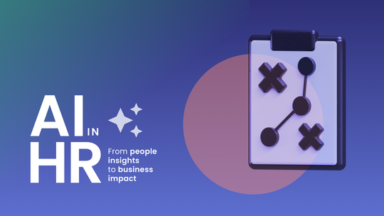 Illustration of AI in HR with a clipboard and strategic symbols, featuring text: "From people insights to business impact."