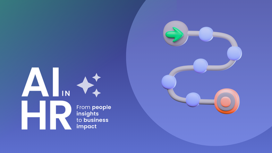 Illustration with AI in HR text, a flowchart with nodes, and a pathway from a green arrow to a red and gray target on a blue gradient background.