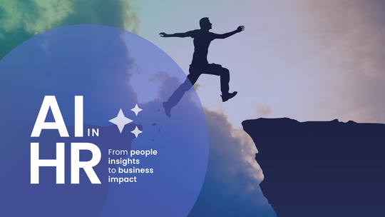 Silhouette of a person leaping between cliffs with text "AI in HR, From people insights to business impact" and a blue circle with stars.