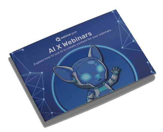 A digital booklet cover titled "AI X Webinars" with a futuristic cat-like robot waving on a blue background with geometric patterns.