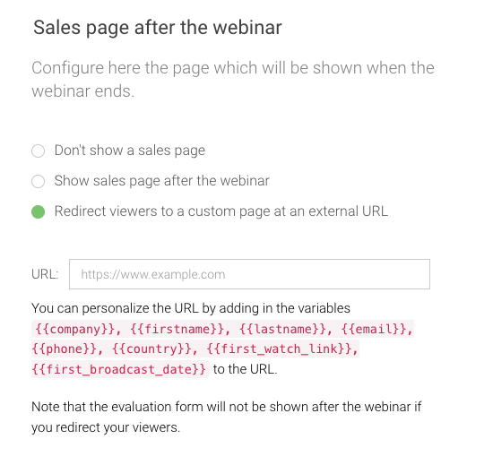 External sales page variables