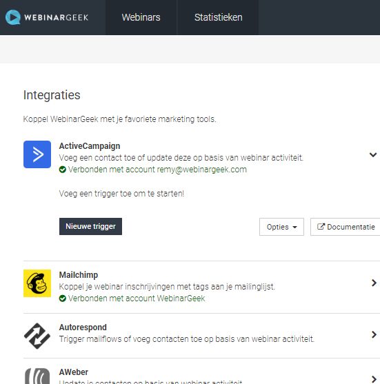 Screenshot van integratie op accountniveau