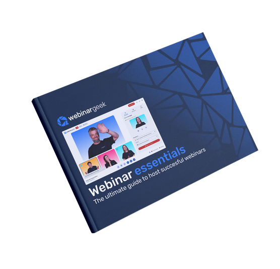 Book titled "Webinar Essentials: The Ultimate Guide to Host Successful Webinars" featuring a video call image on a geometric blue background.