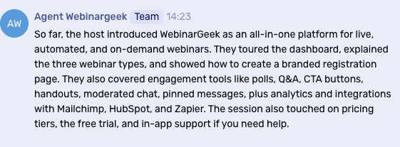 Chat message overview of WebinarGeek features, including webinar types, engagement tools, integrations, pricing tiers, and support options.