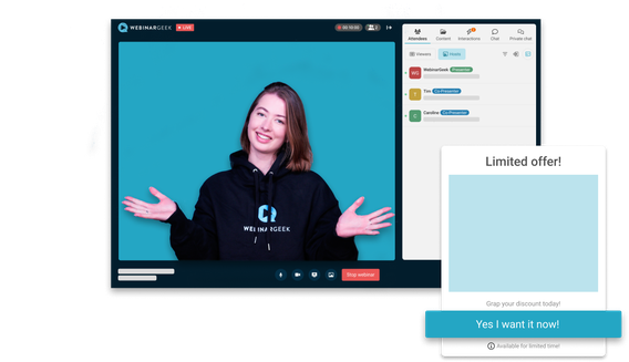 WebinarGeek live streaming app with limited offer CTA