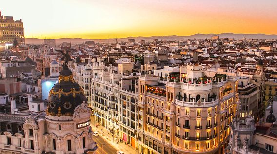 Overview of Madrid Spain at sunset