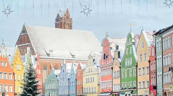 View of colorful Austrian buildings in winter