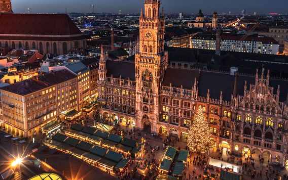 Marienplatz lit up at night in munich germany during the winter time