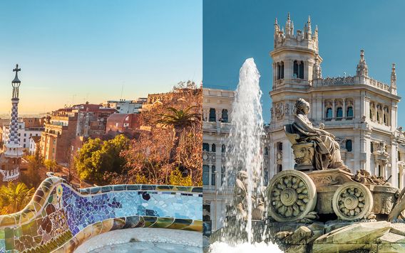 park guell in barcelona and white building in madrid spain