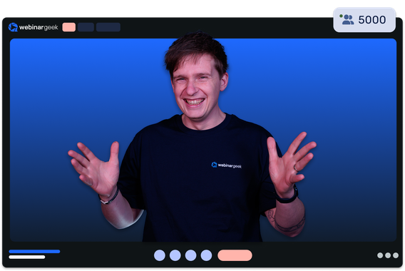 Smiling person in a dark shirt gesturing enthusiastically during an online webinar, with a blue gradient background and participant counter at 5000.
