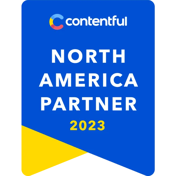 "Contentful North America Partner 2023" award badge. A blue and yellow ribbon illustration.