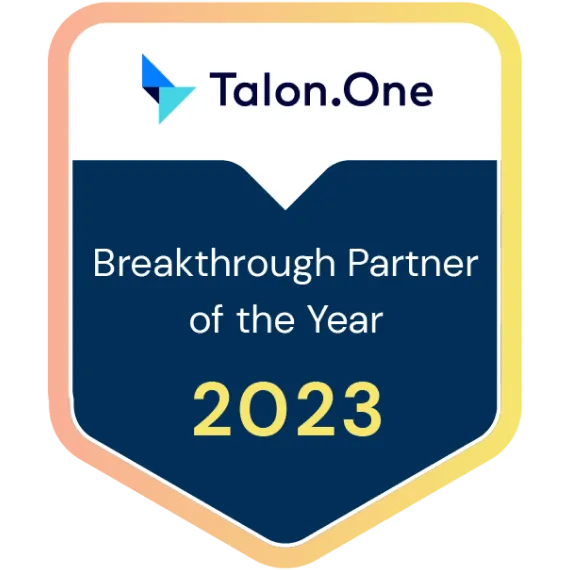 "Talon.One Breakthrough Partner of the Year 2023" award badge. A pale orange and yellow gradient surrounds a dark blue and white badge.