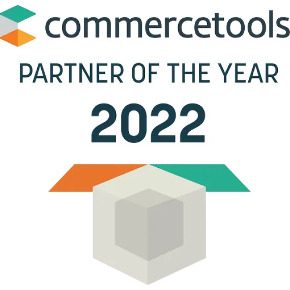 "commercetools Partner of the Year 2022." award badge with mint green and orange shapes.
