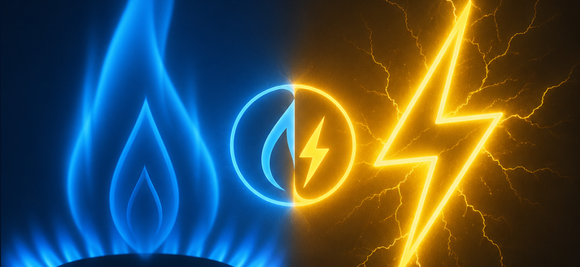 Blue flame on the left and yellow lightning bolt on the right with a central split circle symbol, representing energy forms.