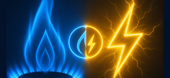 Blue gas flame on the left, yellow lightning bolt on the right, with a central icon merging both elements against a dark background.