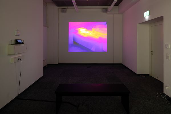 Foto der Abschlussarbeit »Yours is the world in which I move
uninvited« von Maja Bojanić. Semester: Sommer 2025. Abteilung: TransArts. Werksangabe: 2025, Videoinstallation, Kurzfilm. Universität für angewandte Kunst Wien.