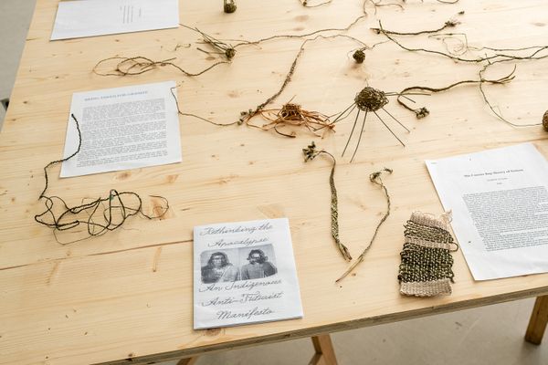 
        Foto der Abschlussarbeit »Weaving, braiding, twining a future that does not exist« von Anna Tenzer. Semester: Sommer 2025. Abteilung: Cross-Disciplinary Strategies. Werksangabe: Installation, nettle, dandelion, rush. Universität für angewandte Kunst Wien.
      