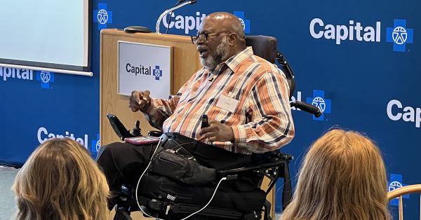 Theo Braddy, a nationally renowned advocate for people with disabilities, discusses the benefits those with disabilities bring to the workplace during a recent conversation at Capital Blue Cross.