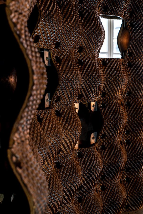 Photo of a wall made by coconut-waste. Architectural elements. Designed by Mae-ling Lokko with AMBIS Tech, CASE-RPI and e2e Materials team: 26° North and South (2015–16) | Image by ©Lea Fabienne Dörl