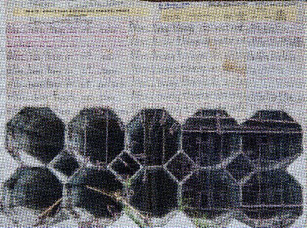 Collage on paper by artist Ibrahim Mahama. A photography of silos from above combined with handwriting.  | Image by ©Ibrahim Mahama