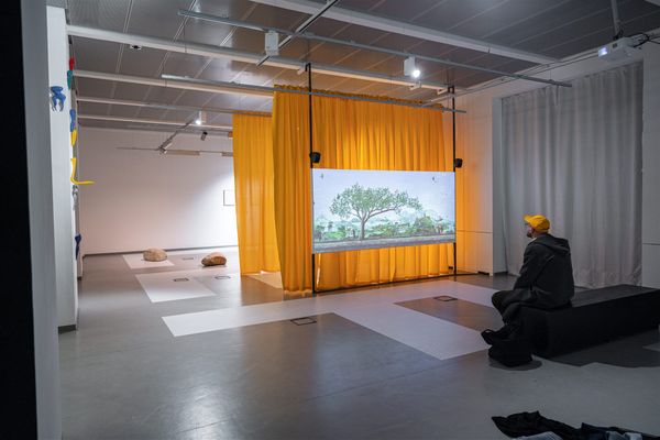 view into space, a person looking at projection, where a tree is seen. In the back sculptures of big stones | Image by ©