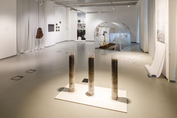 Big room with artworks, three cylinders filled with soil in the center. | Image by ©