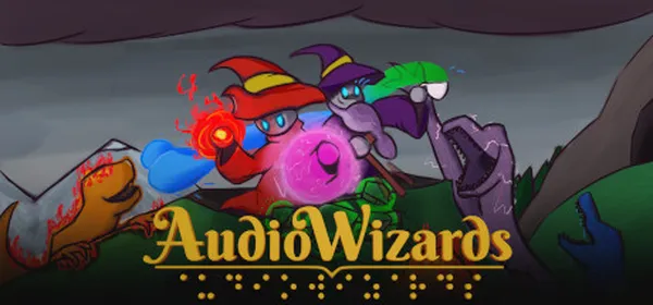 An imagie of 2 wizards getting attacked by two monsters. It's a very colourful scene and in front of the wizard it says AudioWizards in both text and Braille.