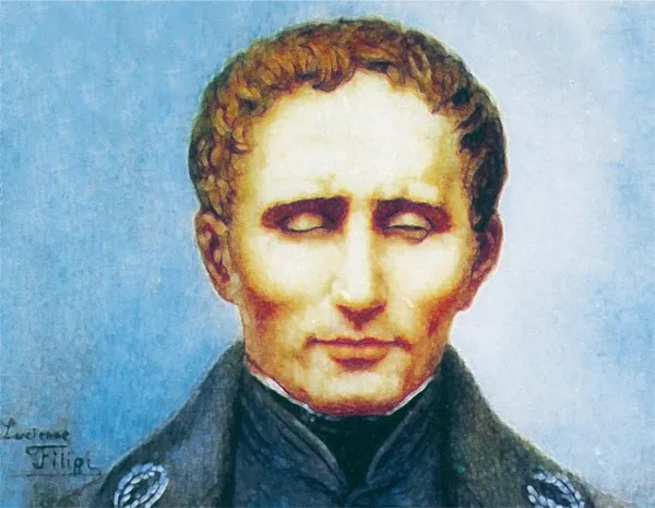 Portrait of Louis Braille. On the picture he has curly hair and his eyes are closed.