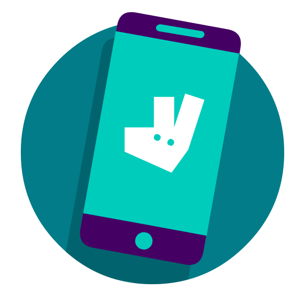 White Deliveroo logo inside a teal mobile phone icon