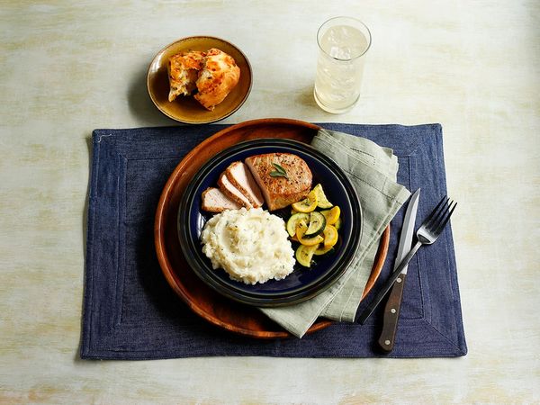 Tender Boneless Pork Chop with Idahoan® Hidden Valley Ranch Mashed Potatoes and Summer Squash