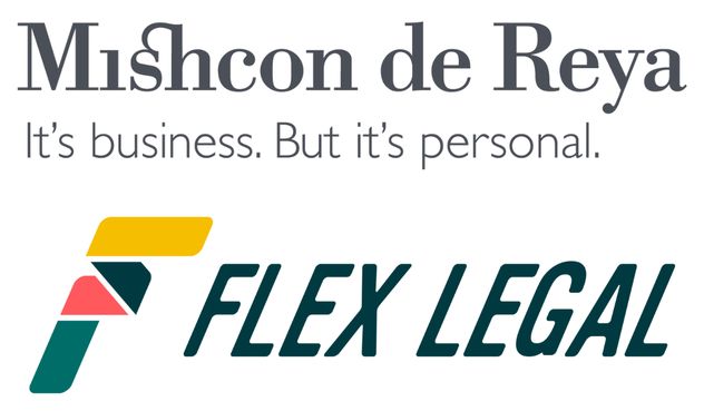 The respective logos for Mishcon de Reya and Flex Legal are seen, stacked atop one another, in a display of corporate unity and collaboration.