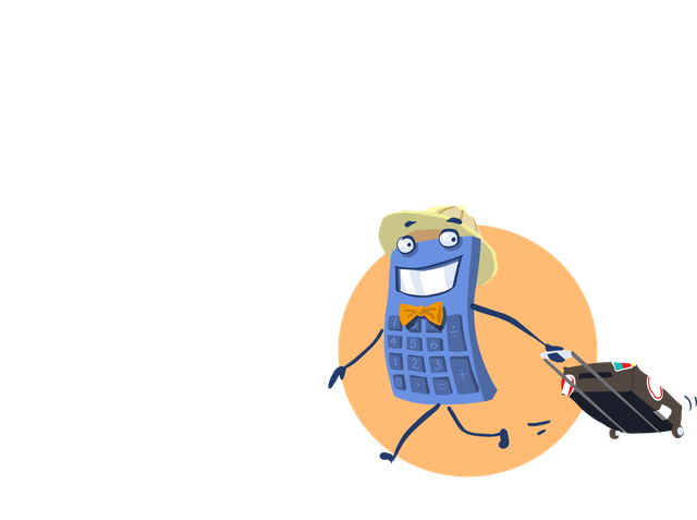 Cartoon calculator with a big smile wearing a hat and bow tie, pulling a travel suitcase.