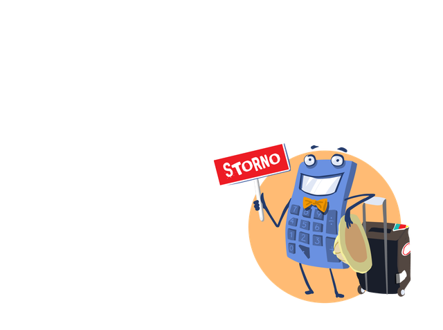 Cartoon calculator with a bow tie holding a "STORNO" sign and a suitcase, standing on an orange circle background.