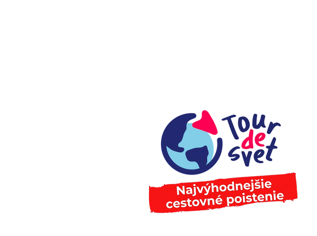 Logo featuring a stylized globe and the text "Tour de svet" with a red banner below saying "Najvýhodnejšie cestovné poistenie."