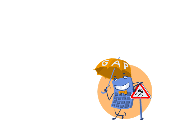 A blue calculator character with glasses holds an orange "GAP" umbrella and a slippery road sign, set against an orange circle background.
