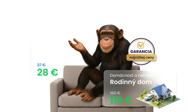 A chimpanzee sits on a couch with arms open, surrounded by price tags showing discounted euro prices and a price guarantee badge.