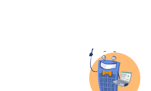 A cartoon calculator character with a bow tie holds a laptop displaying graphs, against an orange circle background.
