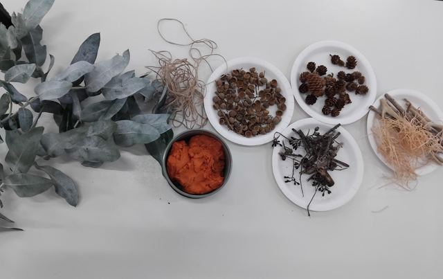 Branches, string, and a bowl of orange clay on the left; several plates with nuts, pinecones, sticks, and dried grass on the right.