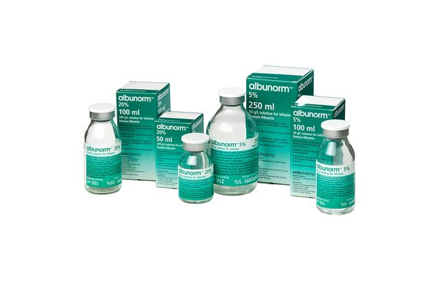 Packshot of albunorm® human albumin solution in different package sizes
